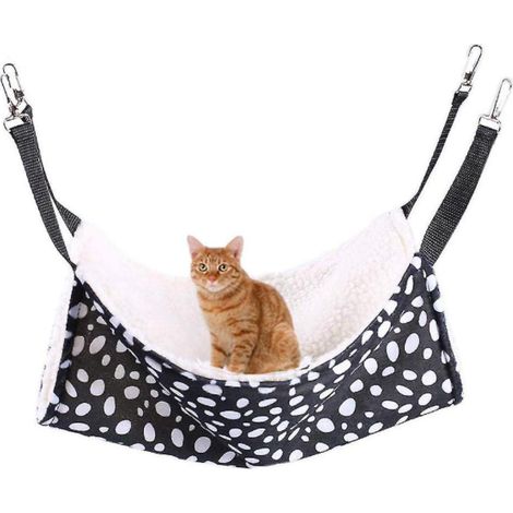 Hamaca para gatos de 53x35 cm con lunares blancos y negros, reversible, impermeable, con ganchos metálicos y correas ajustables para jaula/silla. (1/5)