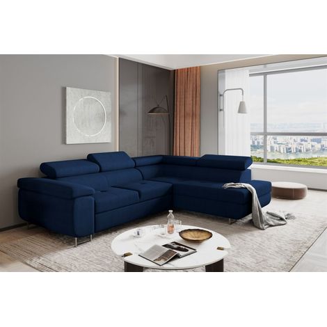 Ecksofa Sofa JADE Stoff Kronos Dunkelblau mit Schlaffunktion Ottomane Rechts (1/2)