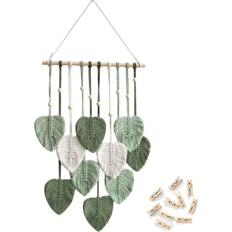 Tapisserie de Macramé Feuilles Vertes Clips en Bois Mur Accroché Fait à la Main Photo Clips Titulaire Affichage des Images Perles en Bois (1/5)