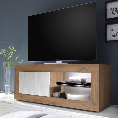 Meuble TV noyer et blanc 1 porte - 2 niches 140cm CALIA 2 (1/5)