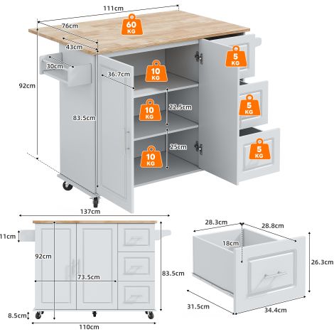 Grand îlot de cuisine mobile — Plan de travail en chêne, design pliable, meuble de rangement multifonction (avec 3 tiroirs et porte-serviettes) — Adapté aux cuisines, aux espaces repas et à diverses p