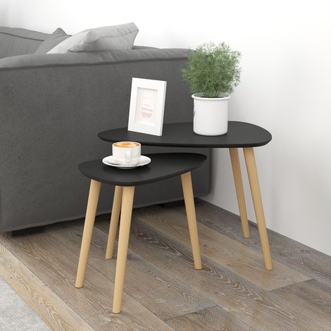Lot de 2 tables basses gigognes design scandinave pieds en bois et plateau en bois. noir