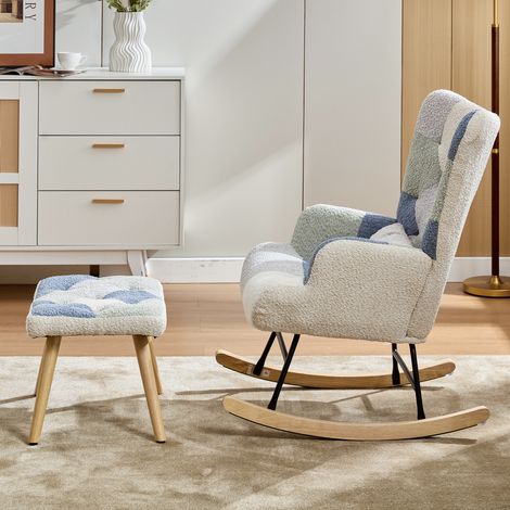 Schaukel-Relaxsessel mit Fußhocker 122x68x91 cm Beige-Blau aus Stoff mit Wippfunktion und abnehmbarem Design (1/5)