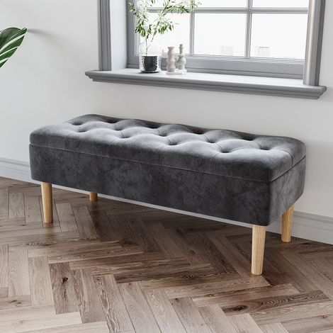 100CM Velvet Storage Ottoman Footstool Rubber Wooden Leg, Grey (1/5)