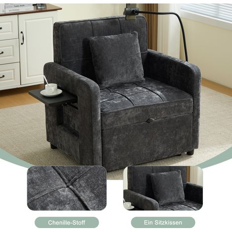 Fauteuil convertible 2-en-1 canapé-lit 1 place avec coussins, poches latérales, petite table & sac de rangement – chenille grise (1/4)