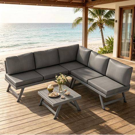 Salon de jardin d'angle 4 pièces gris, 5 places, avec table basse OKMYHOME (1/5)
