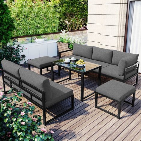 Salon de Jardin 7 places, Ensemble Salon de jardin scandinave – Inclinaison réglable sur 4 positions, coussins d'assise et de dossier inclus, Structure en fer – Gris (1/5)