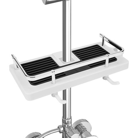 Tablette De Rangement Pour Barre De Douche, Organisateur De Barre De Douche 2-en-1, Support De Rangement Multifonctionnel Sans Perforateur, Support De Tablette De Douche Réglable (White-round Hole) (1/4)