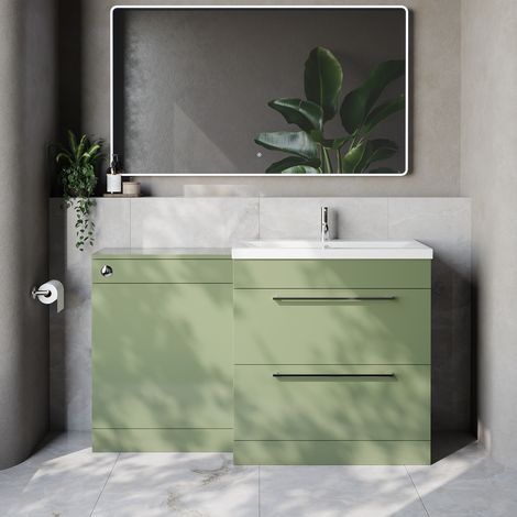 Napoli 390 Cento Olive Green 1400mm 2 Drawer Vanity Unit Toilet Suite with Glide Basin - 1400mm - Chrome 480mm HandleWithout Kingston Toilet Pan