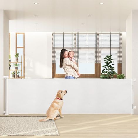 Barrière d'escalier rétractable Extra Large de 300 cm, utilisable à Une Main, barrière de sécurité pour bébé et Animaux domestiques, intérieur et extérieur, Blanc (1/5)