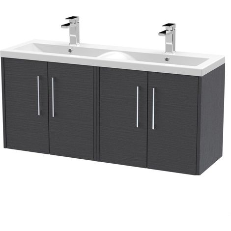 Winshill Contemporary 4 Door Wall Hung Vanity Unit with Double Basin, Woodgrain Dark Grey, 1200mm (1/4)