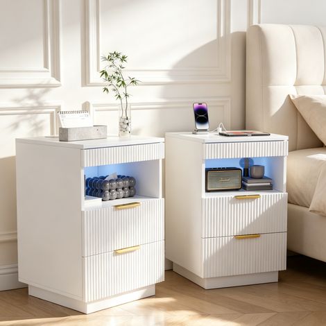 Table de Chevet Lot de 2 avec Lumières LED et Station de Charge,Table de Nuit avec ports USB/Type-C,Moderne Chevet de lit avec 2 tiroirs,Bois Table de chevet pour Chambre à coucher,Blanc