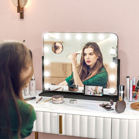 Miroir de courtoisie pivotant 58 x 46 cm avec 14 ampoules LED, 3 modes d'éclairage réglables, interrupteur tactile, noir (1/5)