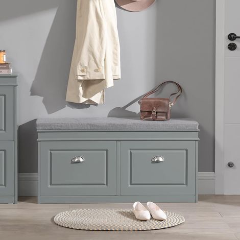 Sobuy – Banc de rangement à chaussures FSR64HG – Armoire 2 abattants avec coussin confortable – Dimensions L104 x P24 x H51 cm – Gris (1/5)