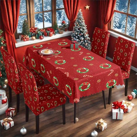 Ensemble complet de nappe et housse de chaise de Noël en soie de lait imperméable imprimée TC-183 (140 x 210 cm).