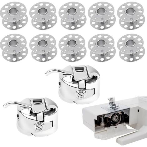 Set of 10 Metal Sewing Machine Bobbins + 2 Bobbin Cases for Toyota, Brother, Janome, Elna, Bernina, and Singer Machines (1/5)