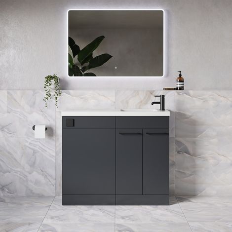Napoli 250 Gloss Grey 1000mm 2 Door Vanity Unit Toilet Suite with Round Silvo Basin - 1000mm - Matt Black 160mm HandleWithout Jubilee Toilet Pan