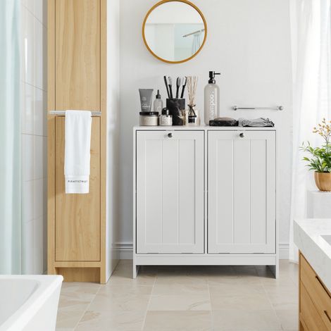 Panier à linge basculant avec panier amovible, armoire de rangement dissimulée pour linge, meuble de rangement pour linge de salle de bain, organisateur de maison autoportant, blanc (1/5)