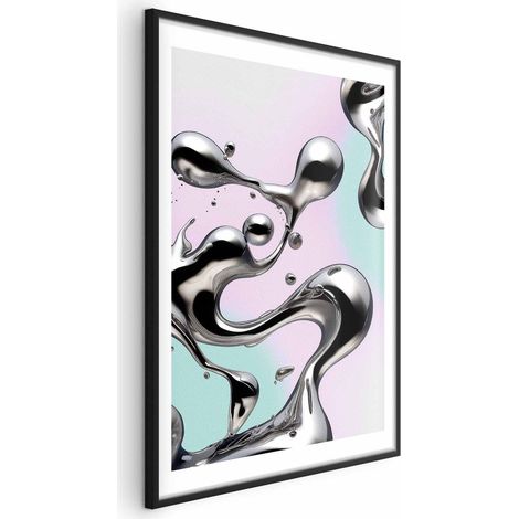 Poster – Metallische Fließkräfte – abstrakte silberne Formen auf mintviolettem Hintergrund (1/4)