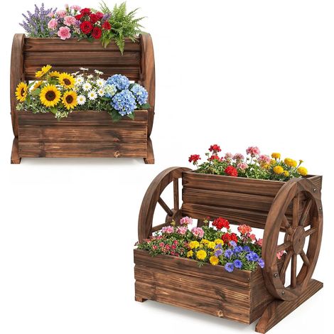 COSTWAY Fioriera da Esterno a 2 Livelli, Fioriera da Interno ed Esterno a Forma di Carro con Fori di Frenaggio, Ruote e Guanti, Cassetta per Fiori in Legno di Abete per Patio, Balcone e Giardino (1/5)