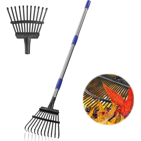 Râteau à feuilles de jardin Heavy Duty - Avec 11 dents en métal 21 cm large Poignée longue réglable 78 182 Outil jardinage pour le nettoyage la cour Argenté (1/5)