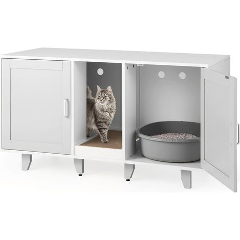 Goplus – Maisonnette pour chat 2 portes – Meuble TV jusqu'à 50" – Planche à griffer amovible – Dimensions 121x52x65 cm – MDF et bois d'ingénierie (1/5)