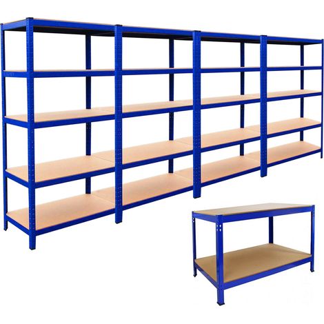 4 Estanterías de Acero Sin Tornillos Azules 90x45x180cm Banco de Trabajo Mesa de Trabajo Azul Estantería Metálica de Almacenamiento de Herramientas de Bricolaje Garaje Garage Taller con Mazo Gratuito (1/5)