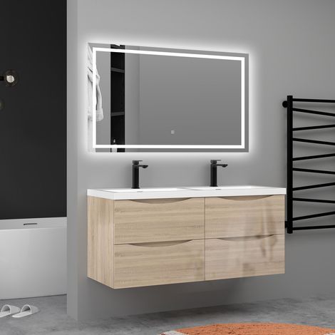 AICA Meuble de salle de bain suspendu Brillant 120cm avec simple lavabo + 4 tiroirs, Chêne