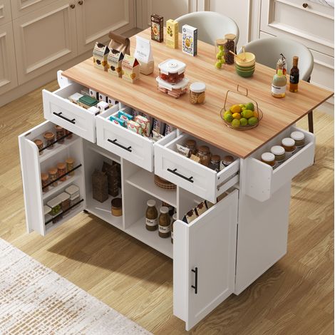 Meuble de cuisine sur roulettes, plateau rabattable, blanc, 139 x 46(71) x 91,5 cm DESVIAE (1/5)