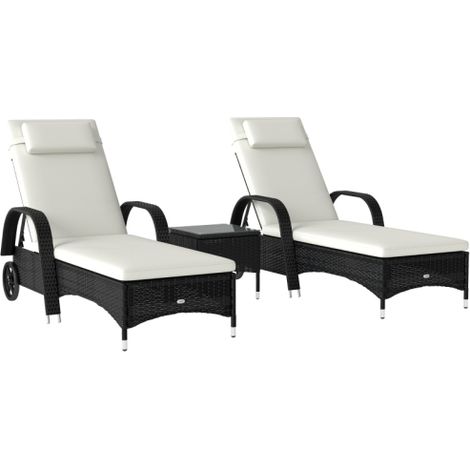 Bain de Soleil Transat Jardin avec Table Basse Lot de 3 Ensemble Mobilier Resine Tressee et Metal Noir et Creme Grand Confort Tete Reglable Resistant aux Intemperies Terrasse Piscine Cour Epais Coussi (1/5)