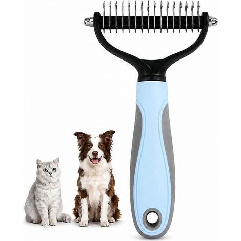 Outil de toilettage Pet Pro : peigne double face et outil de démêlage pour chiens – grattoir à sous-poil, brosse de démêlage, outil de soin du pelage (bleu). (1/4)