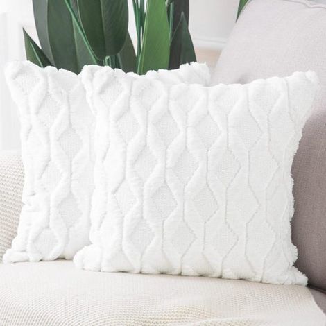 Housse de coussin blanche douce 2 pièces 40 x 40 cm avec passepoil en velours peluche court de style luxueux (1/4)