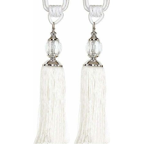 1 Paire De Cravate De Rideau - Gland Cristal - Corde Coton - Pompon Boule - Pour Décoration De Fenêtre - Blanc (1/5)