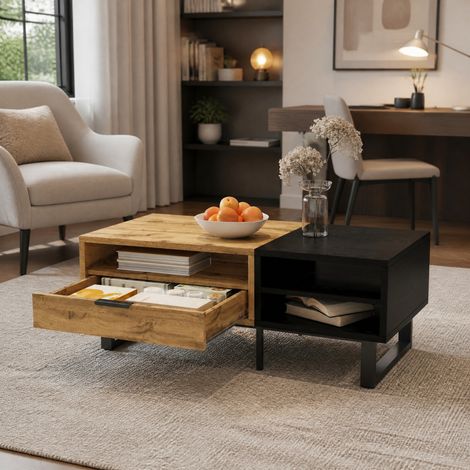 Table basse avec rangements, 3 compartiments et tiroir, 100 x 50 x 40 cm, bois et noir, HAVRYA (1/5)