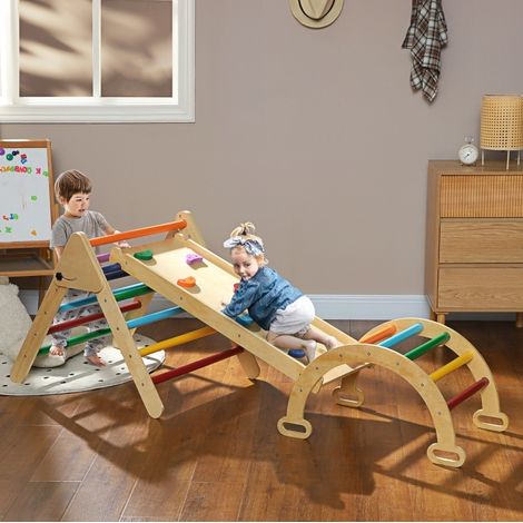 Structure d’escalade enfant 178x64,5x59 cm en bois multicolore 5-en-1, gain de place – MEUBLIV (1/5)