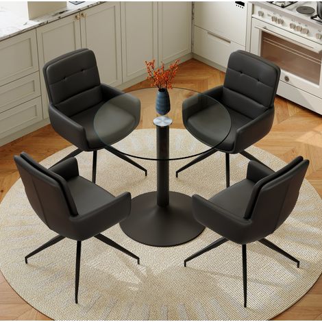 Conjunto de mesa de comedor y 4 sillas, redonda de vidrio templado, negro y transparente DESVIAE (1/5)
