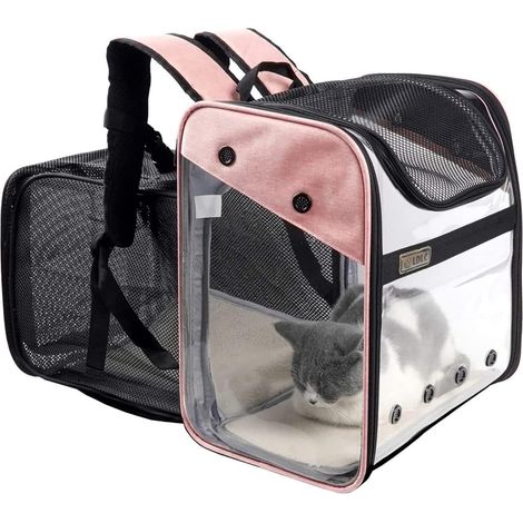 Sac de Transport Chat Petit Chien 10kg, Sac à Dos Extensible Transparent pour Animaux, Pliable Spacieux Respirant avec Matelas en Peluche, Grand Transporteur pour Voyage on Train Voiture Avion (Rose) (1/5)