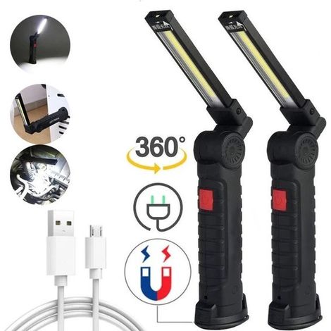 Linterna de trabajo recargable - COB, base magnética, 5 niveles de intensidad, color negro (2 unidades) (1/4)