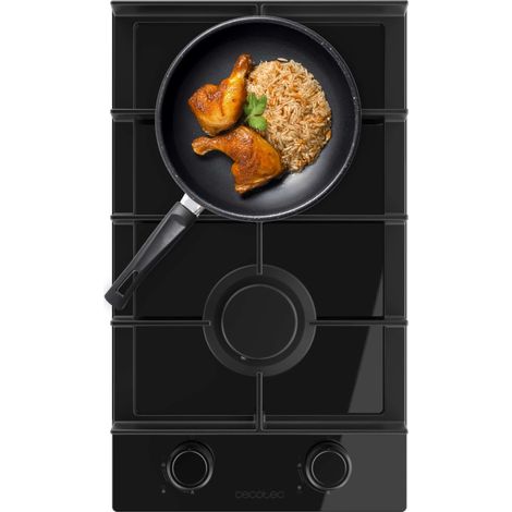 Cecotec Placa de Gas de 2 Fuegos Bolero Squad G 2400F Glass Black, 5,2kW, Glass Black, Parrillas Hierro Fundido, Quemador WOK Triple, Encendido Electrónico, Seguridad Válvulas, accesorio conversión