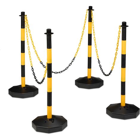 Relaxdays Poteau de signalisation, lot de 4, avec 3 chaînes, HxD : 85 x 29 cm, balisage parking, plastique, jaune/noir