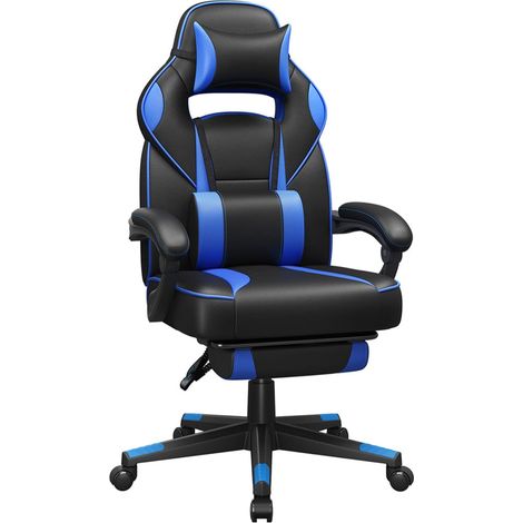 Fauteuil gamer chaise gaming siège de bureau réglable avec repose-pieds télescopique ergonomique mécanisme basculent appui-tête support lombaire charge 150 kg noir et bleu (1/5)