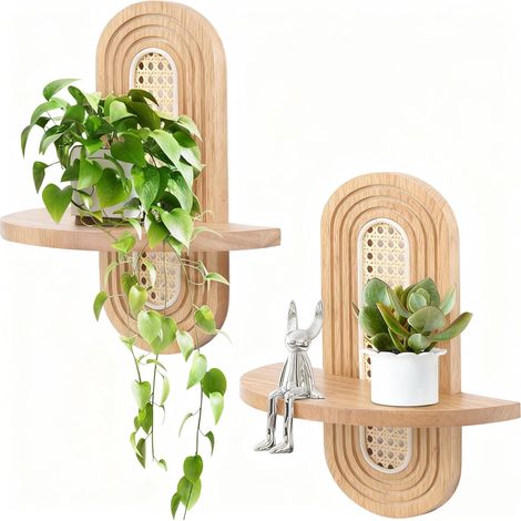Étagères murales flottantes, ensemble de 2 étagères bohèmes en rotin, petite étagère décorative murale unique, étagères naturel pour salon,beige (1/5)