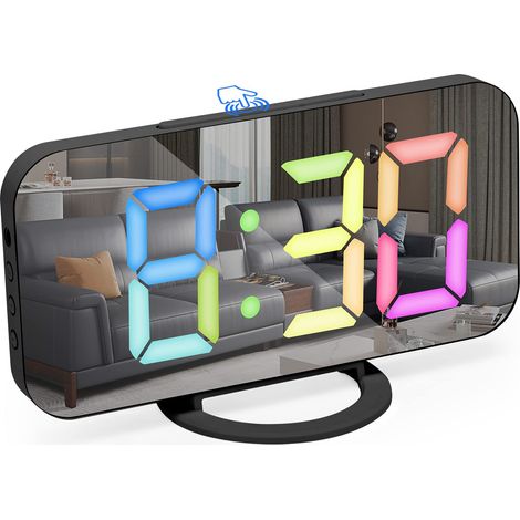 Reloj despertador con pantalla LED ajustable, reloj digital, reloj despertador digital con fuentes de color, alarma, función de repetición, reloj de mesilla para la decoración del dormitorio. (1/5)