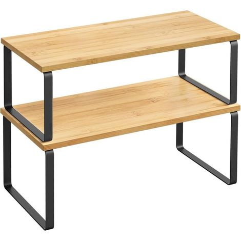 Gewürzregal, 2er-Set, Schrankorganizer, ausziehbares Küchenregal, wiederverwendbares Gewürzregal, Metall und Holzwerkstoff, Tintenschwarz und Naturbeige - Crezuo