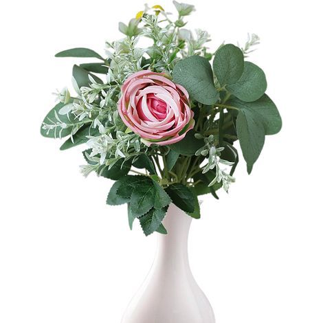 Bouquet de roses roses artificielles en soie et feuilles d'eucalyptus, décoration florale artificielle pour salon et table à manger (1/4)