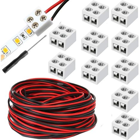 10Pièces connecteur ruban led 2 broches 8mm,avec câble 22AWG/5M bornier à vis connecteur 2 broches 8 mm avec tournevis pour éclairage de bande LED 5-24 V (1/5)
