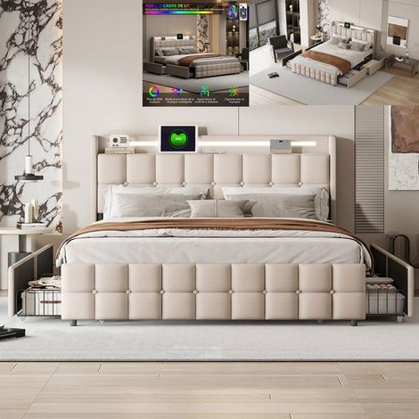 Bett Doppel 140x200 cm mit LED und 4 Schubladen, USB, Erwachsenenbett 140x200 cm mit Lattenrost, Bett 140x200 cm, Leinenstoff, beige