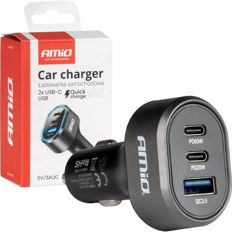 Schnell-Autoladegerät 85W QC3.0 PD65W PD20W 2x USB-C 1x USB-A amio-04177