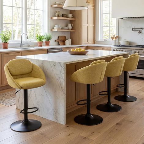 Wahson Bar Stools Set of 4, Chenille Upholstered Swivel Counter Stools, Adjustable Height Chairs with Backrest and Footrest for Home Kitchen, Yellow