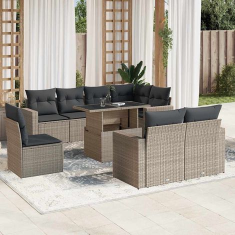 Salon de Jardin 9 pièces Tressé Résine Gris Clair, Modulaire avec Table Réglable et Coussins Lavables (1/5)